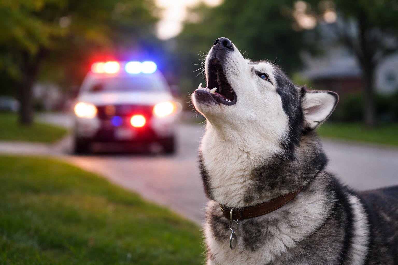 A dog howling outdoors in a neighborhood with a blurred emergency vehicle flashing siren lights in the background.