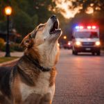 A dog standing on a suburban street howling with emergency vehicle siren lights flashing in the background.