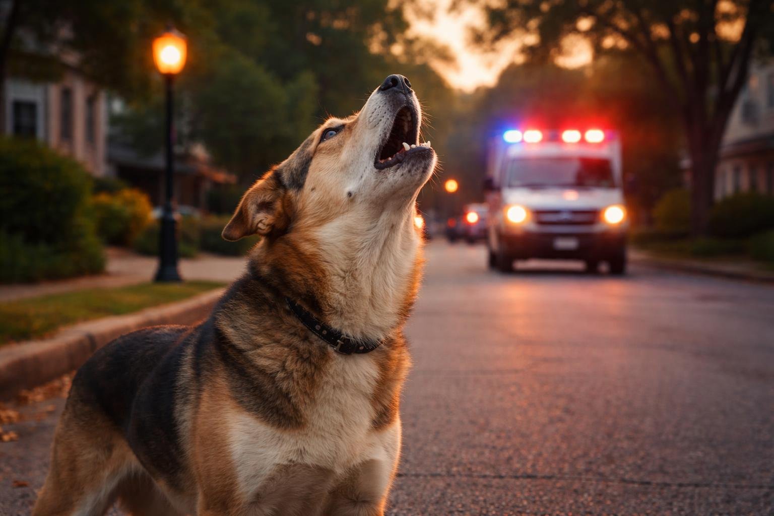 A dog standing on a suburban street howling with emergency vehicle siren lights flashing in the background.