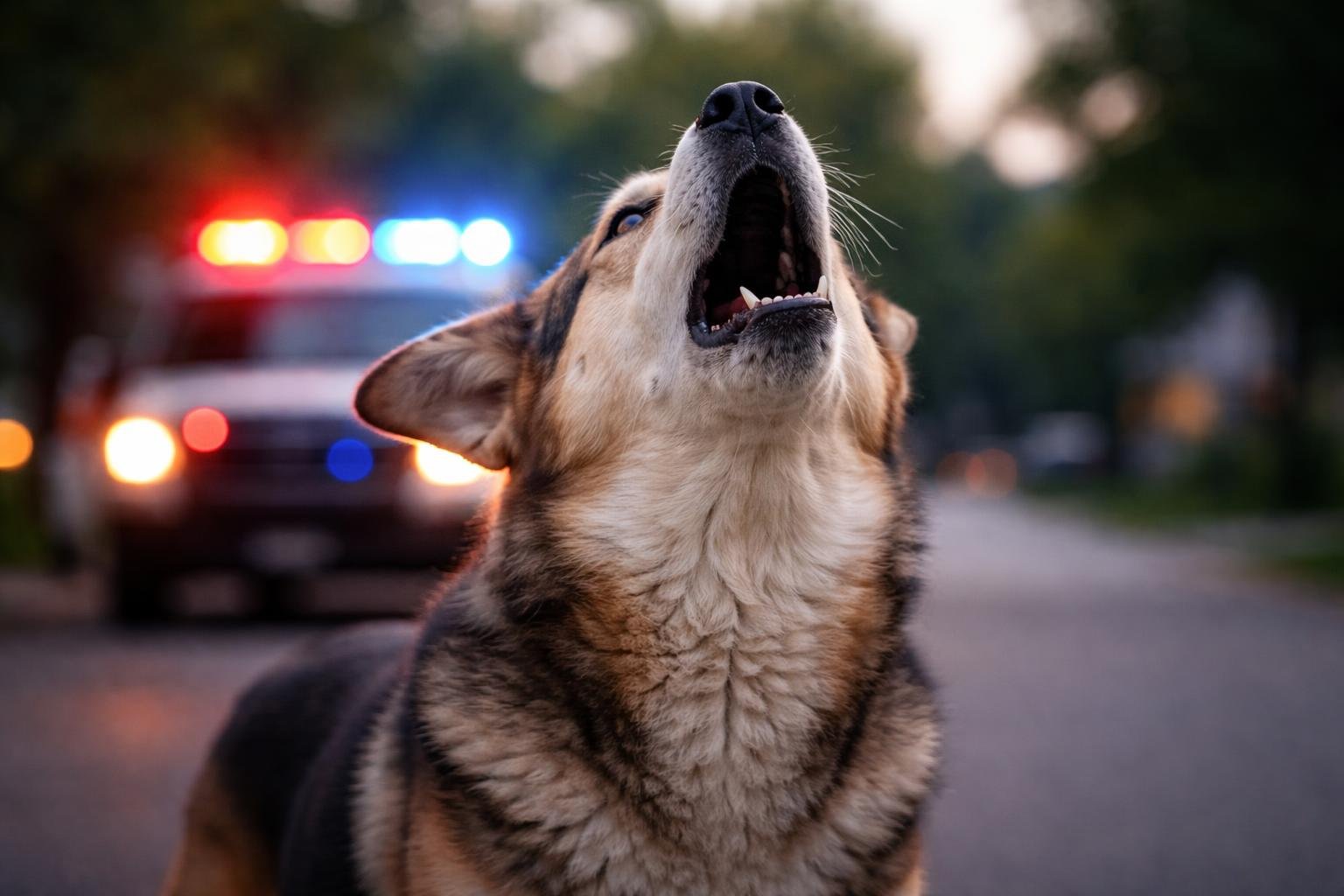 A dog howling outdoors with emergency vehicle siren lights flashing in the background on a suburban street.