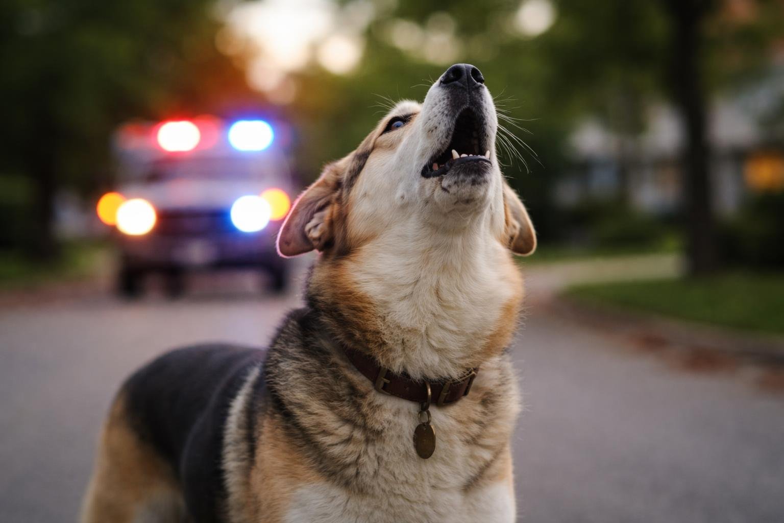 A dog outdoors howling with emergency vehicle siren lights flashing in the background.