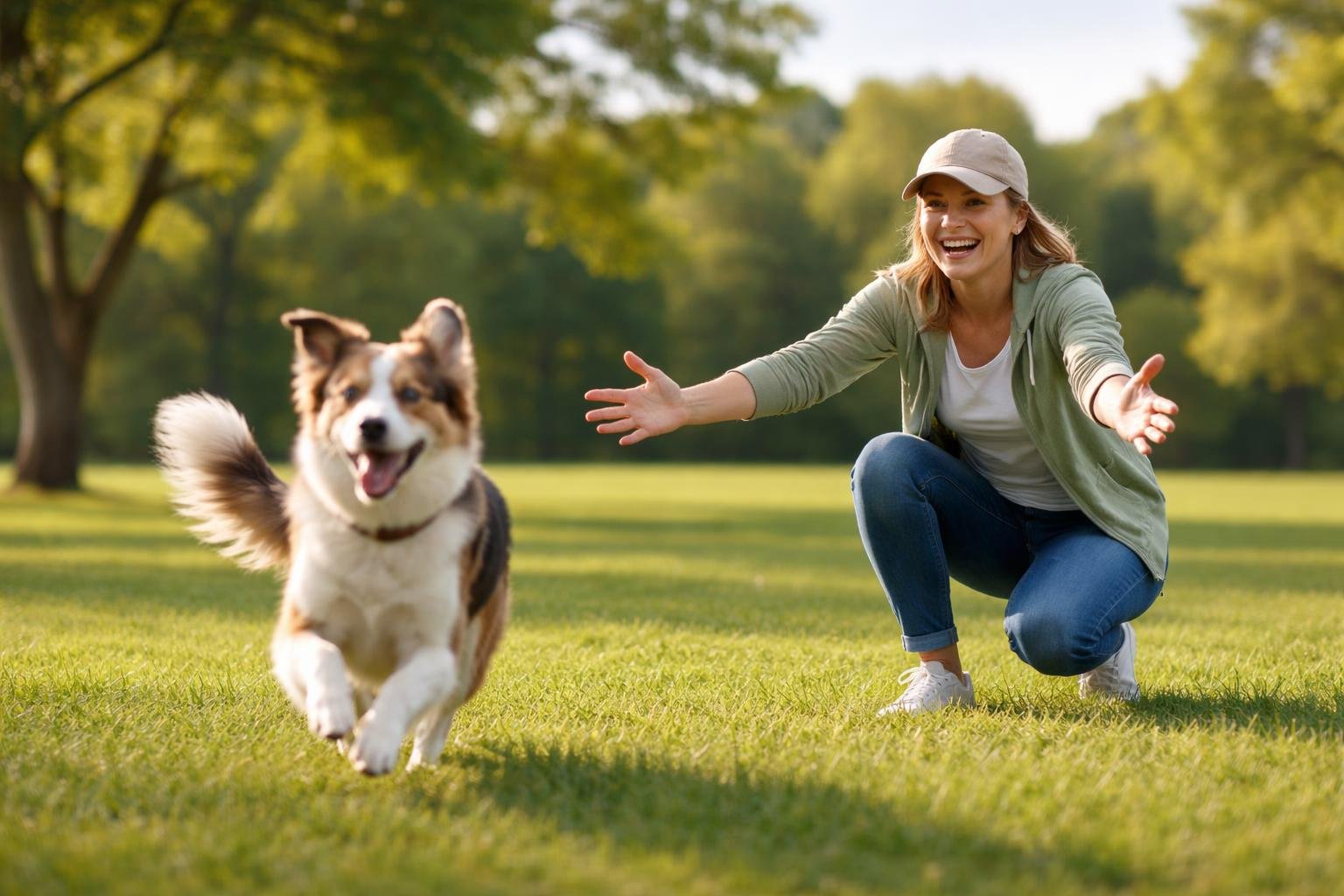 A dog running towards its owner with open arms in a green park on a sunny day.