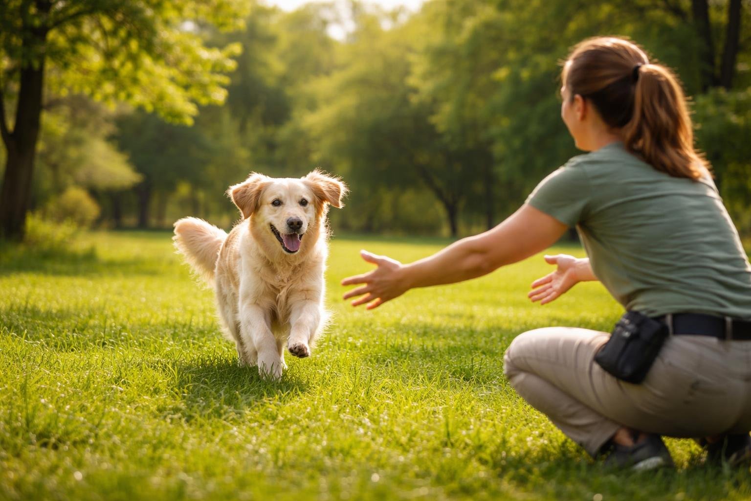 A dog running towards a person with open arms in a green park on a sunny day.