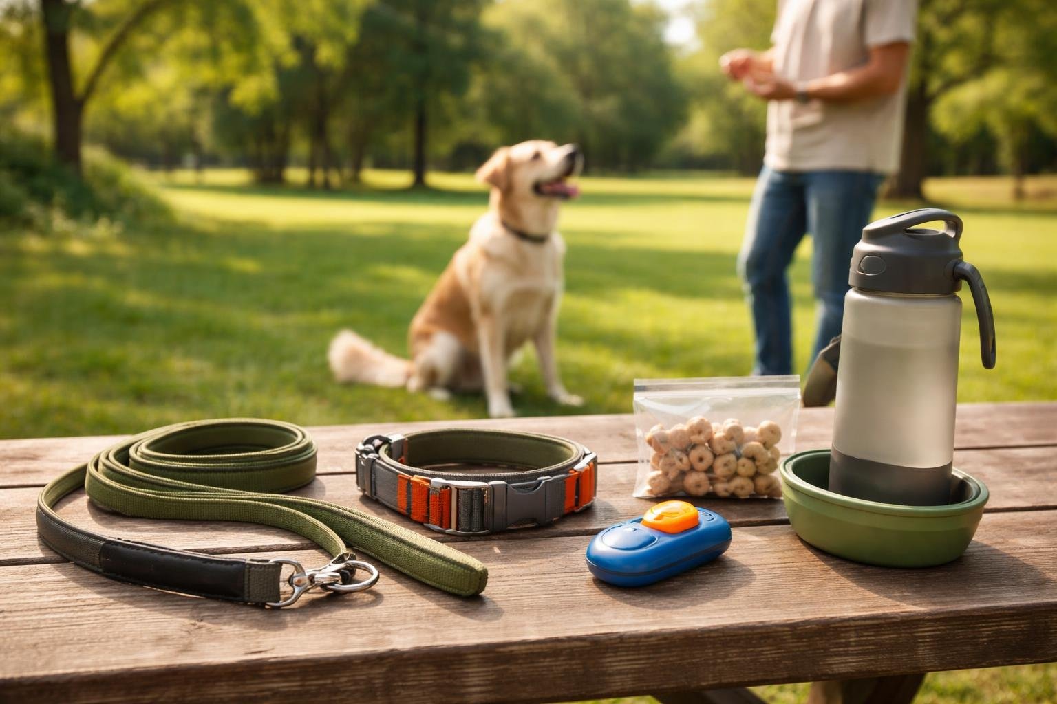Outdoor scene with dog training tools on a bench and a dog attentively responding to its owner calling it.