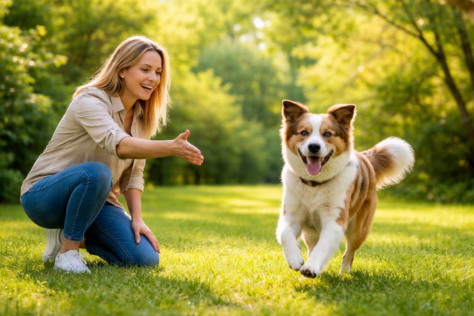 A person outdoors happily calling their dog, which is running towards them in a green park.