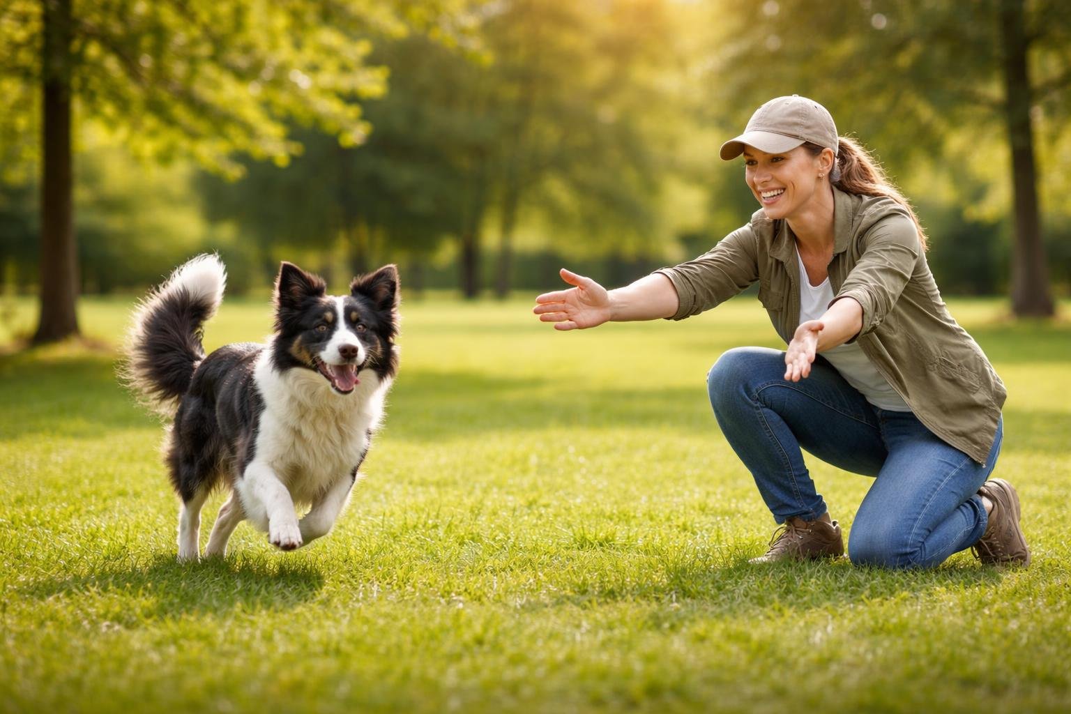 A person outdoors calling a dog that is running towards them in a green park.