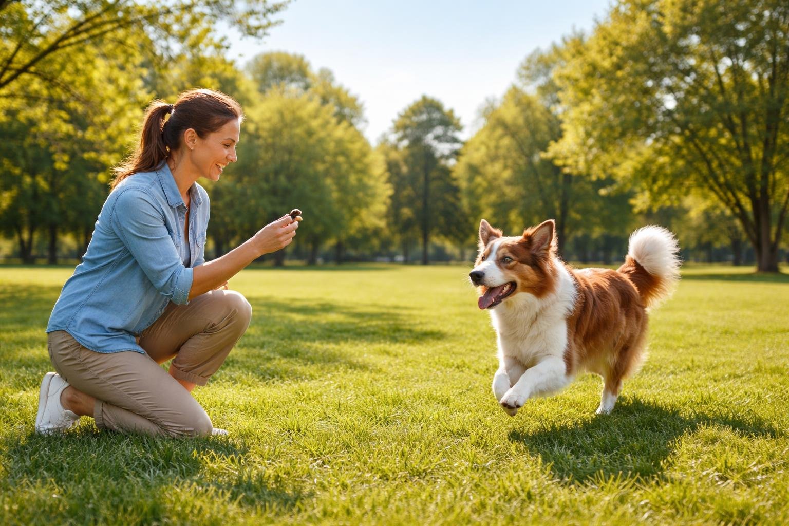 A person kneeling in a park training a dog that is coming towards them on a sunny day.