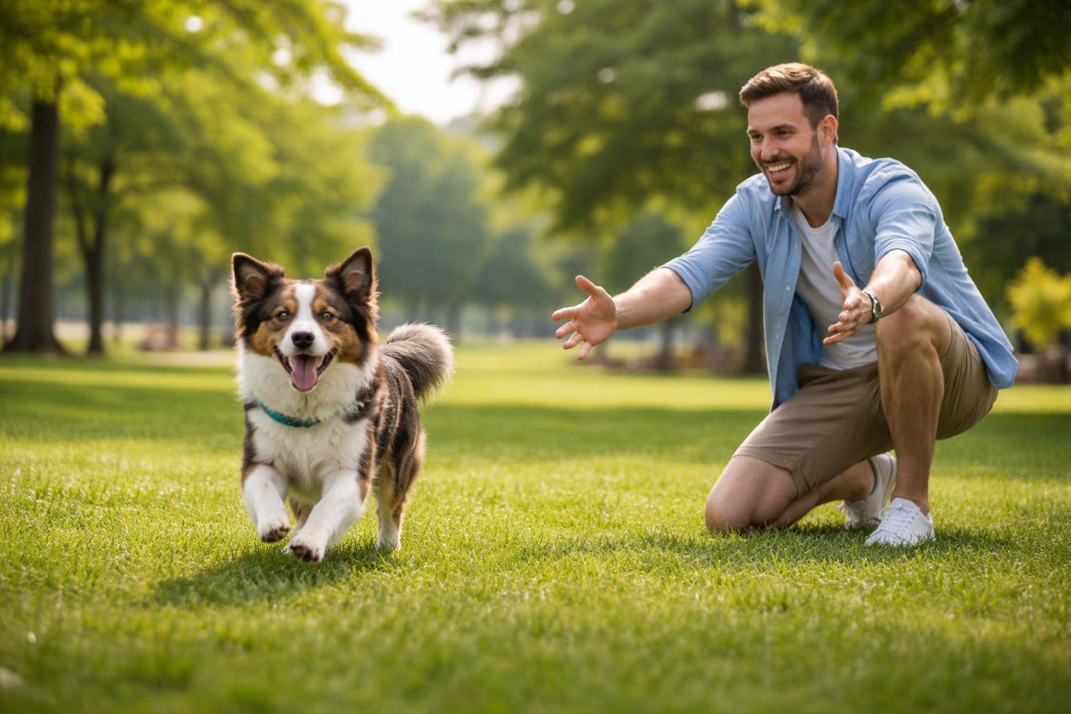 A person kneeling in a park calling a dog that is running towards them on green grass with trees in the background.