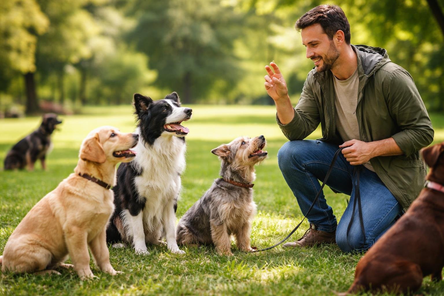 A trainer outdoors calling a group of dogs of different breeds and ages who are attentively responding.