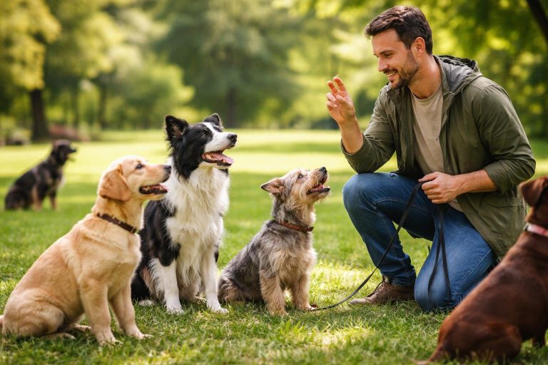 A trainer outdoors calling a group of dogs of different breeds and ages who are attentively responding.