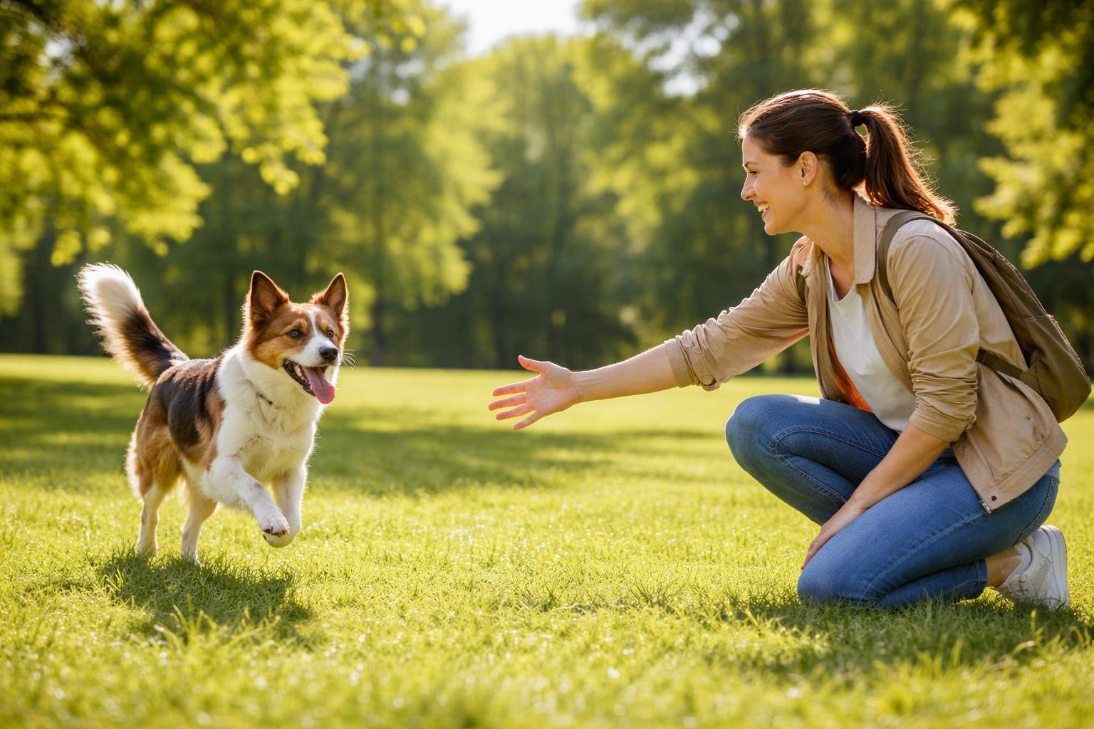 A person kneeling on grass calling a dog that is running towards them in a sunny park.