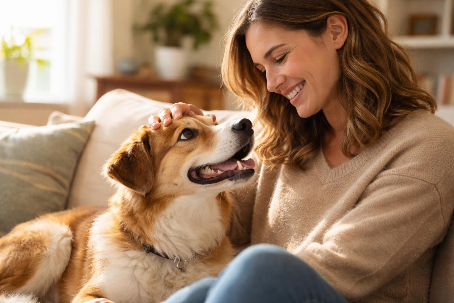 A dog sitting next to a smiling person who is petting the dog’s head in a cozy living room.