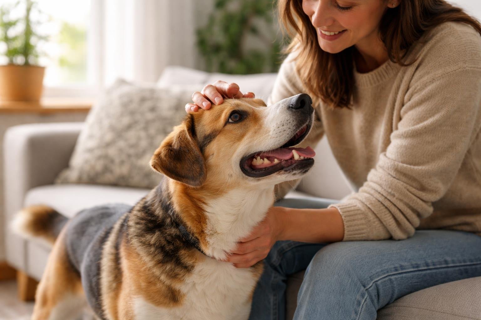 A person gently petting a dog in a cozy living room, with the dog looking up attentively.