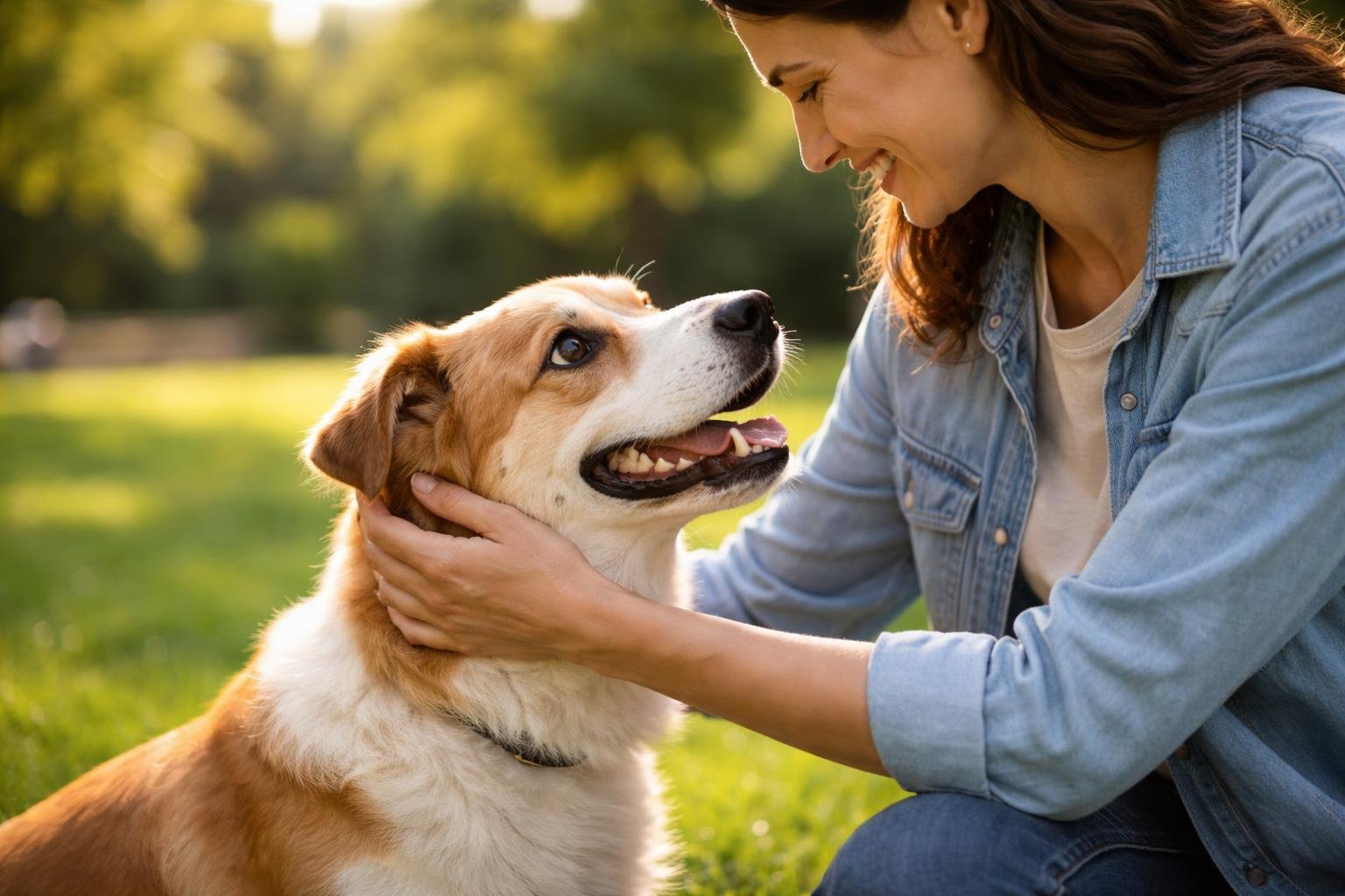 A dog looking affectionately at a smiling person who is petting it outdoors.