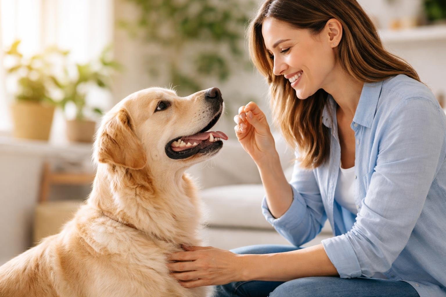 A happy dog sitting closely to a smiling person who is giving the dog a treat and petting it outdoors.