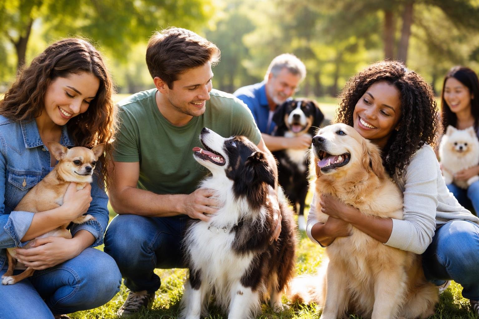 Various dog breeds interacting affectionately with different people outdoors in a park.