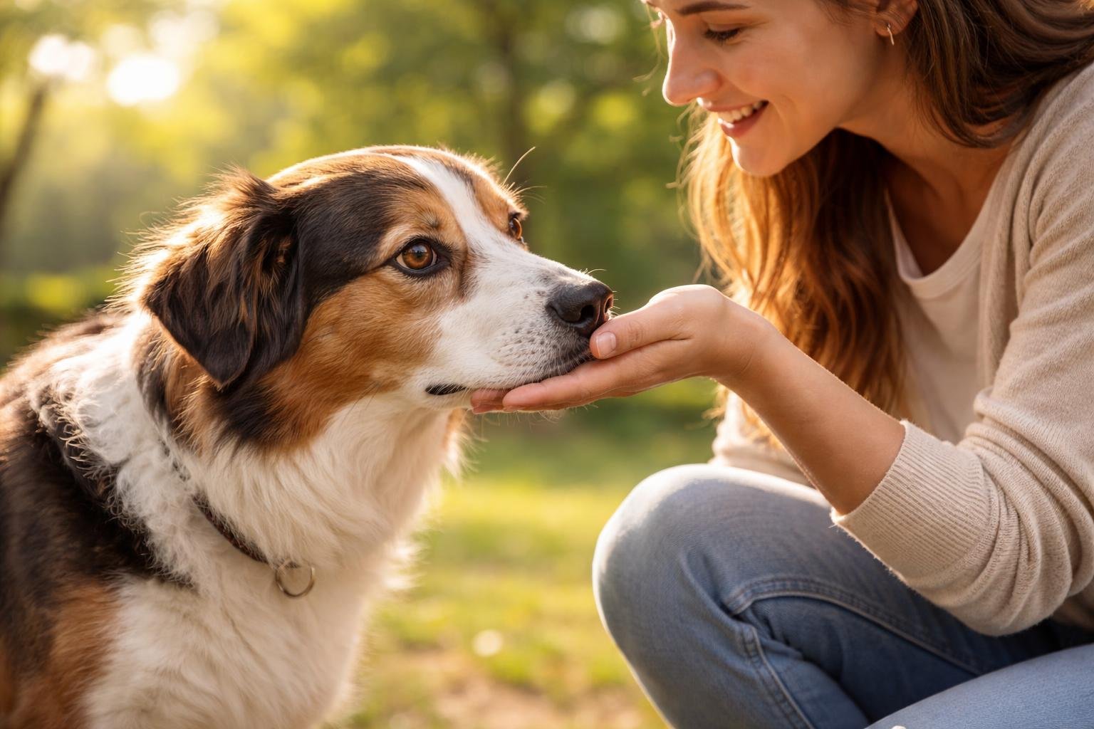 A dog gently sniffing a person's hand outdoors, showing a close bond between them.