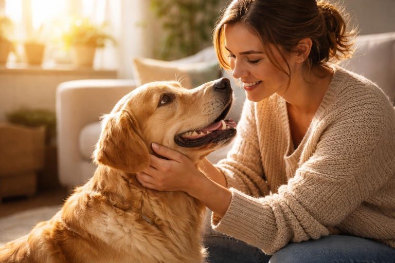 A golden retriever looking affectionately at a smiling woman who is petting the dog indoors.