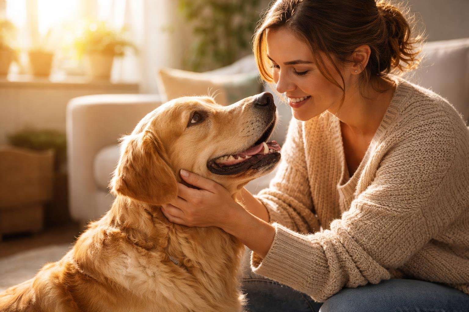 A golden retriever looking affectionately at a smiling woman who is petting the dog indoors.