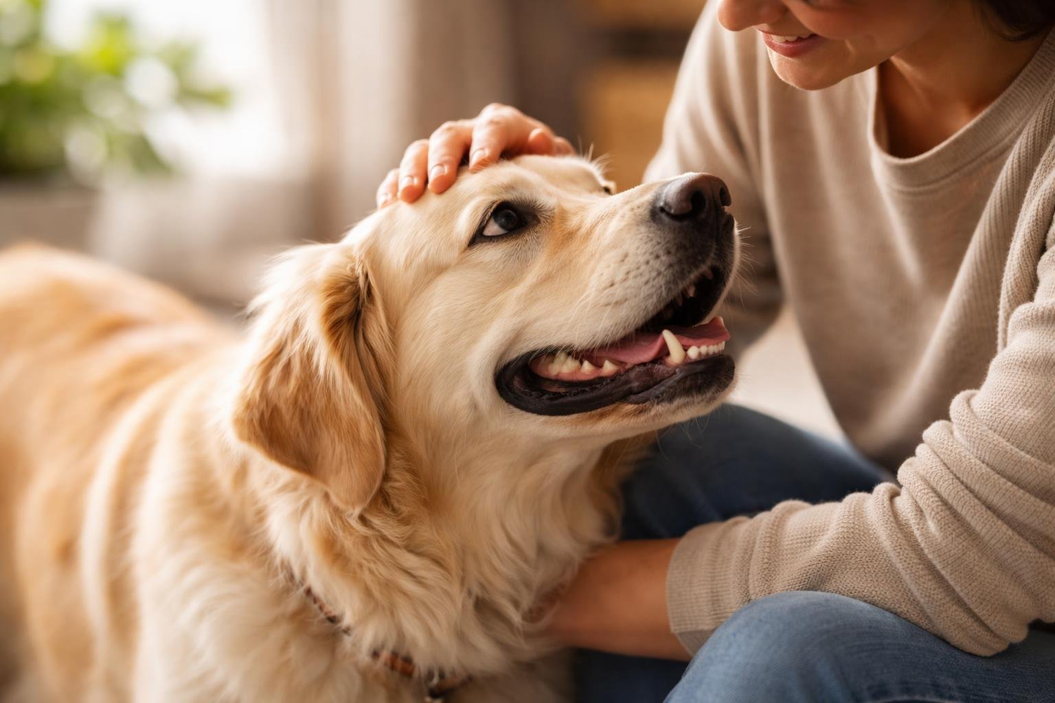 A dog looking affectionately at a person who is gently petting its head indoors.