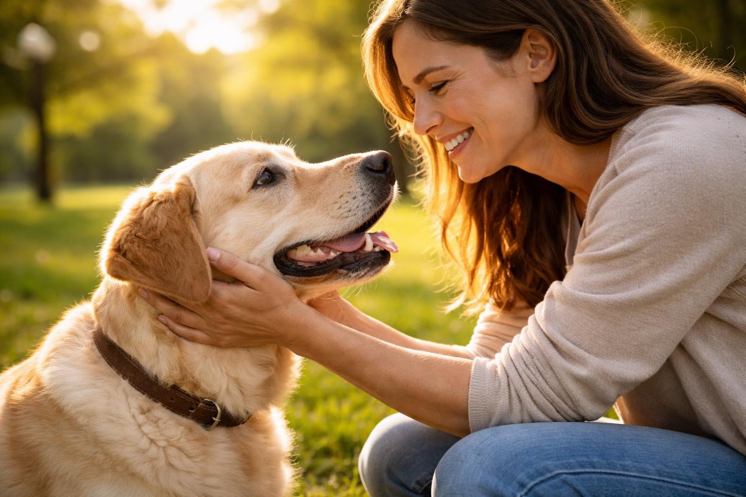A woman gently petting a happy dog outdoors, both showing affection and connection.