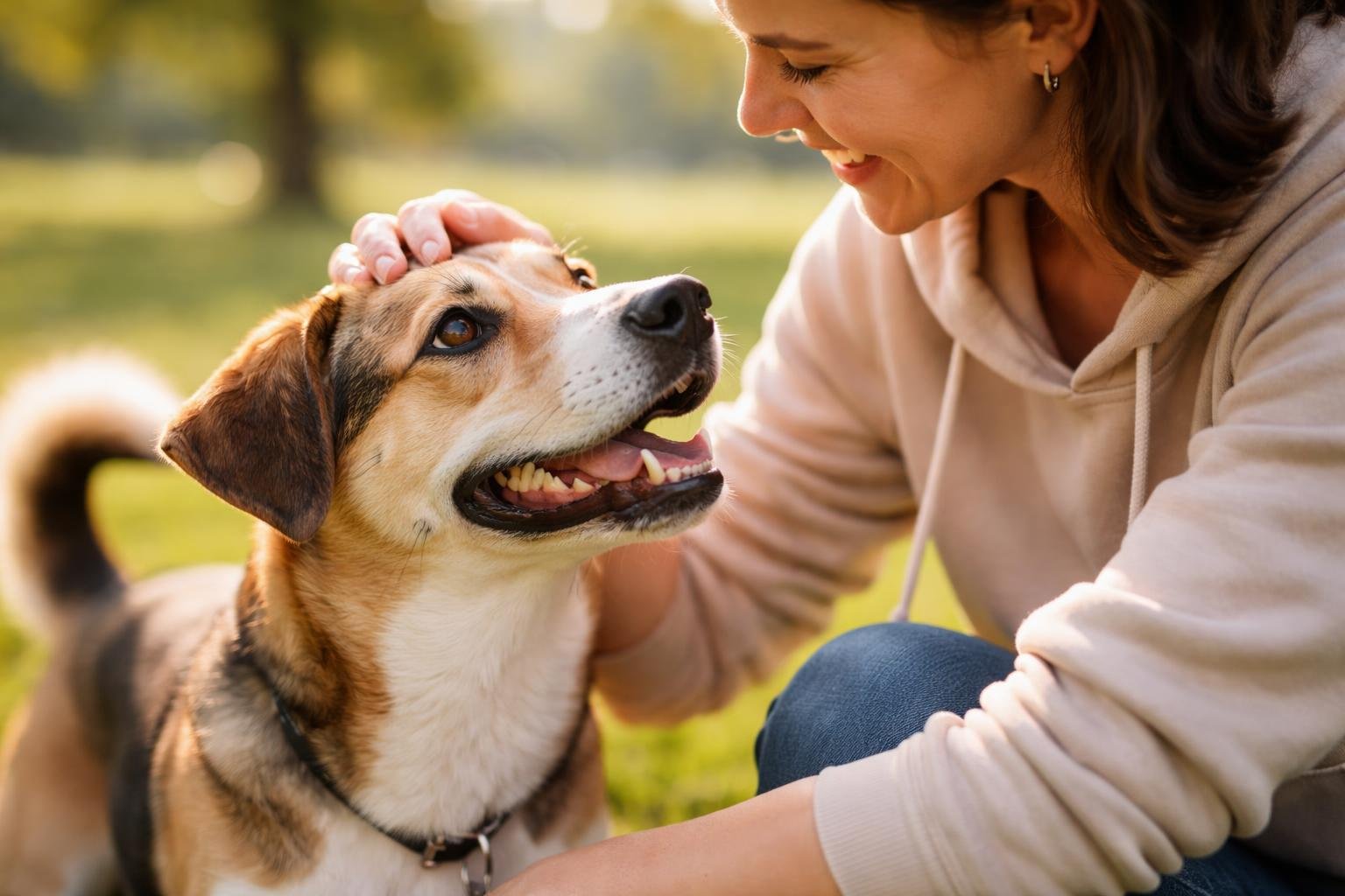 A dog and a woman outdoors in a park, sharing a warm and affectionate moment as the woman pets the dog.
