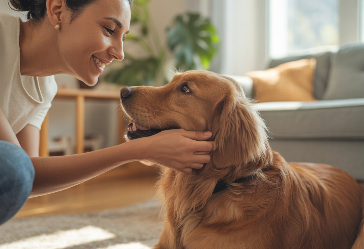 A person gently petting a happy golden retriever in a cozy living room, sharing a loving moment.