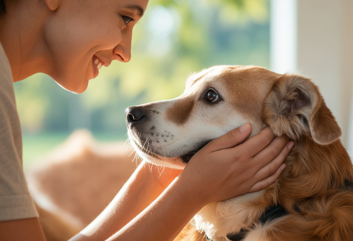 A person gently petting and making eye contact with a calm, happy dog in a sunlit indoor or outdoor setting.