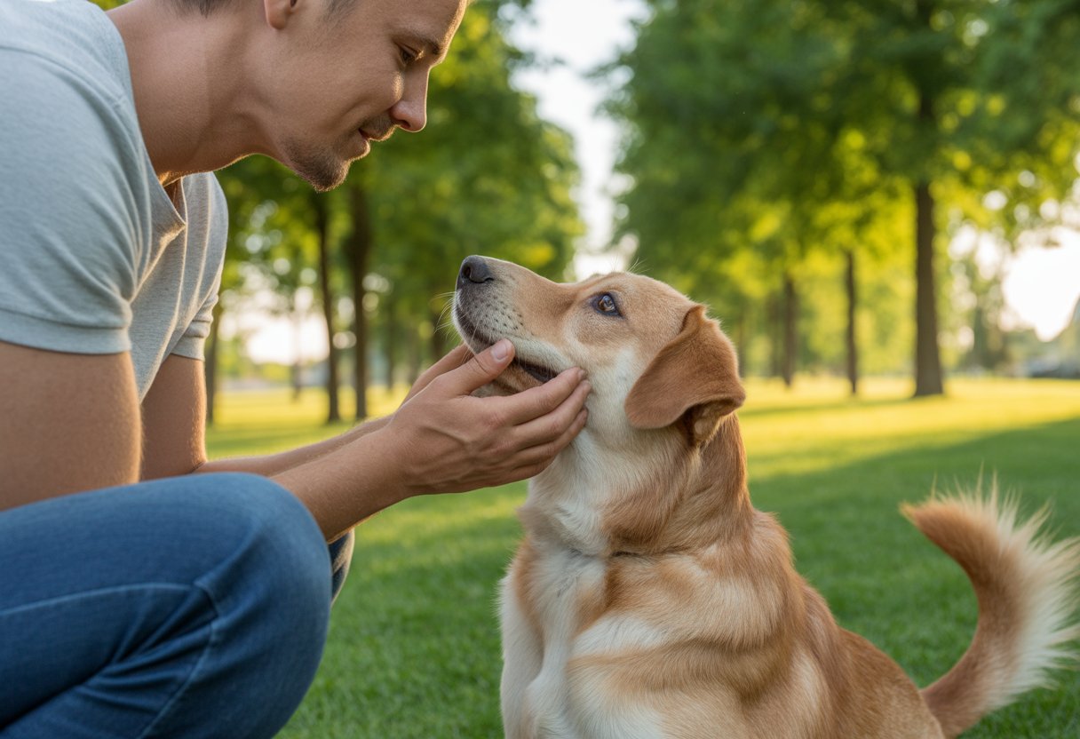 A person kneeling and gently holding a dog's face while they look into each other's eyes outdoors in a park.