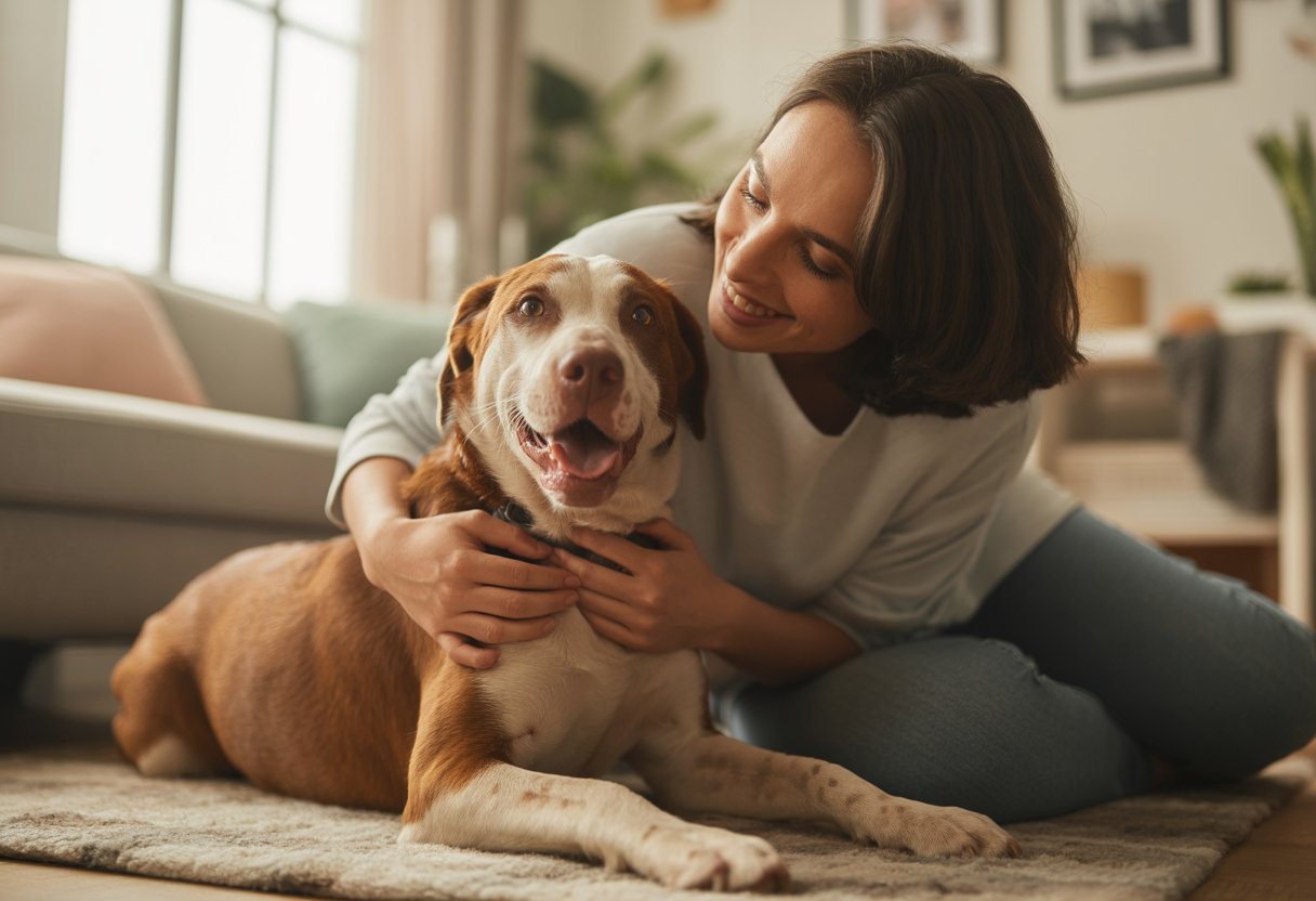 A person hugging and petting their happy dog in a cozy living room, both looking content and connected.