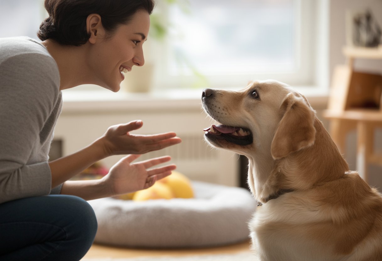 A person smiling and speaking gently to a happy dog indoors, showing a loving interaction.