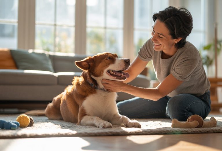 A person gently petting a happy dog sitting beside them in a sunlit living room.