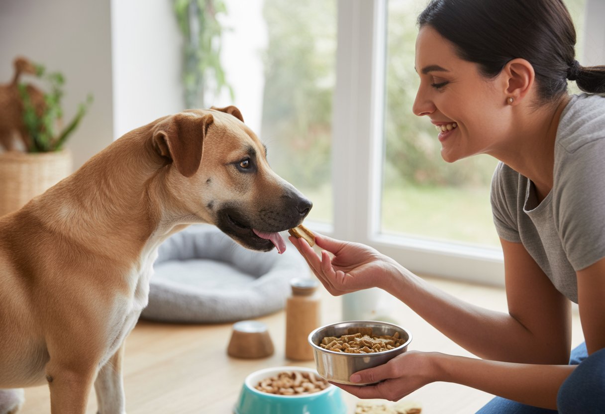 A person giving a treat to a happy dog indoors, showing affection and care.
