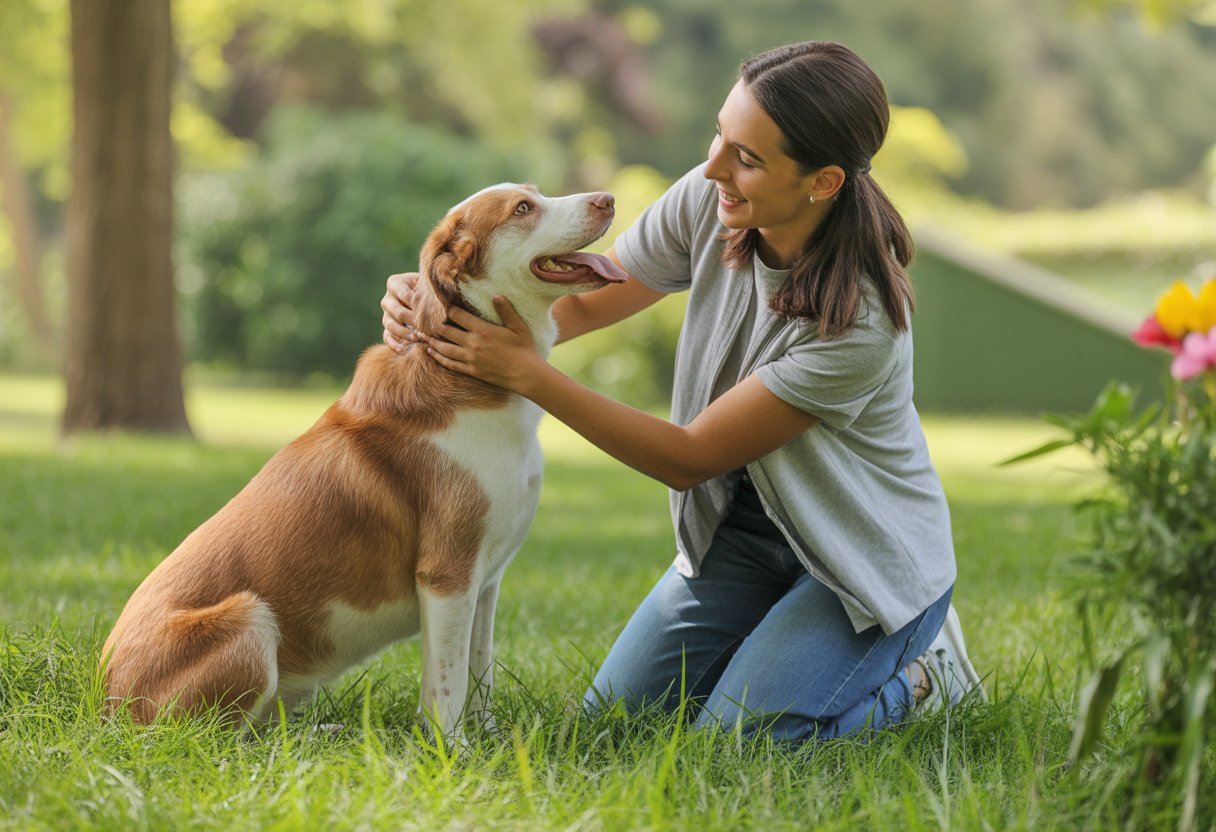 A person gently petting a calm dog outdoors in a sunny park, showing affection and connection.