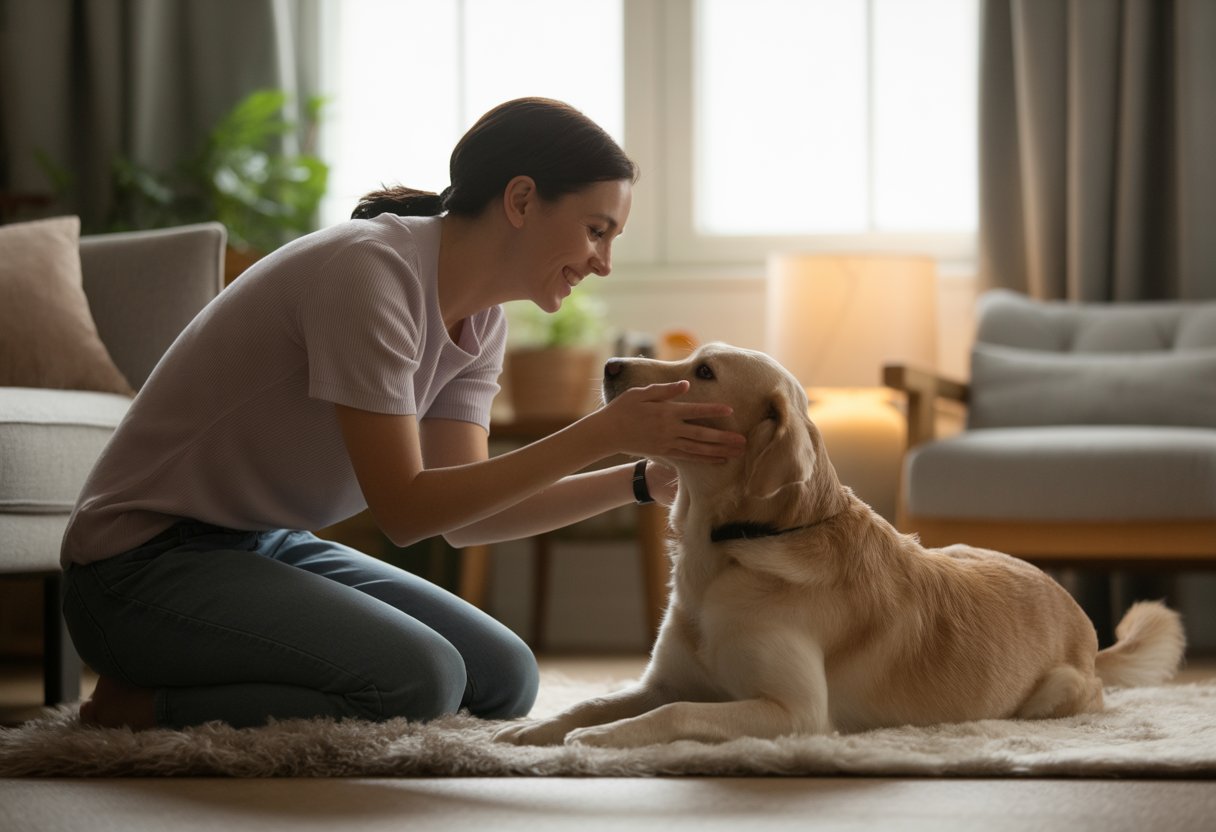 A person kneeling and gently petting a happy dog in a cozy living room.
