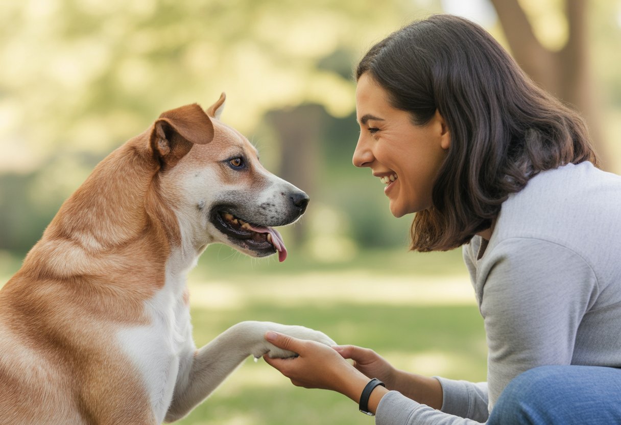 A person outdoors gently petting a happy dog, sharing a warm and affectionate moment.