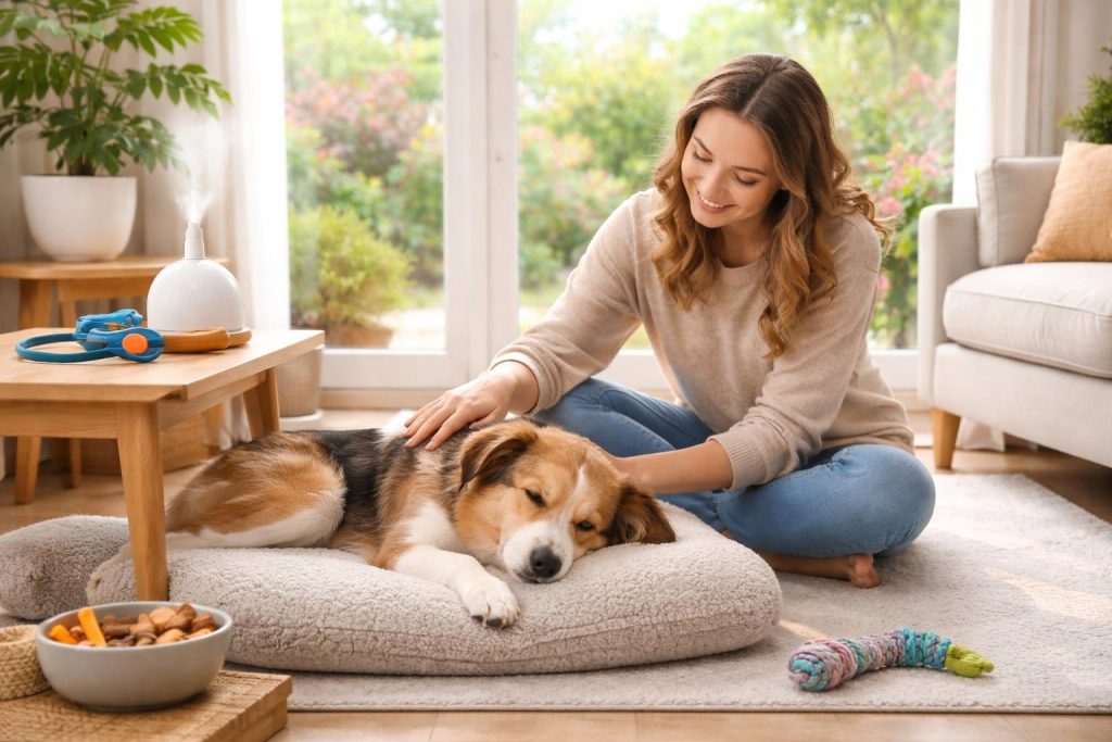 A woman gently petting a calm dog lying on a dog bed in a bright living room with dog training items and a garden visible outside.