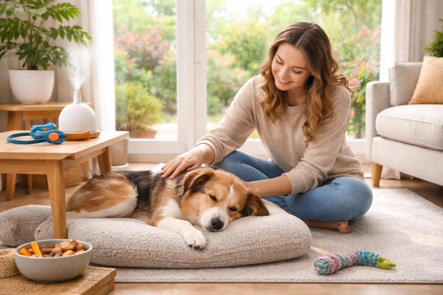A woman gently petting a calm dog lying on a dog bed in a bright living room with dog training items and a garden visible outside.