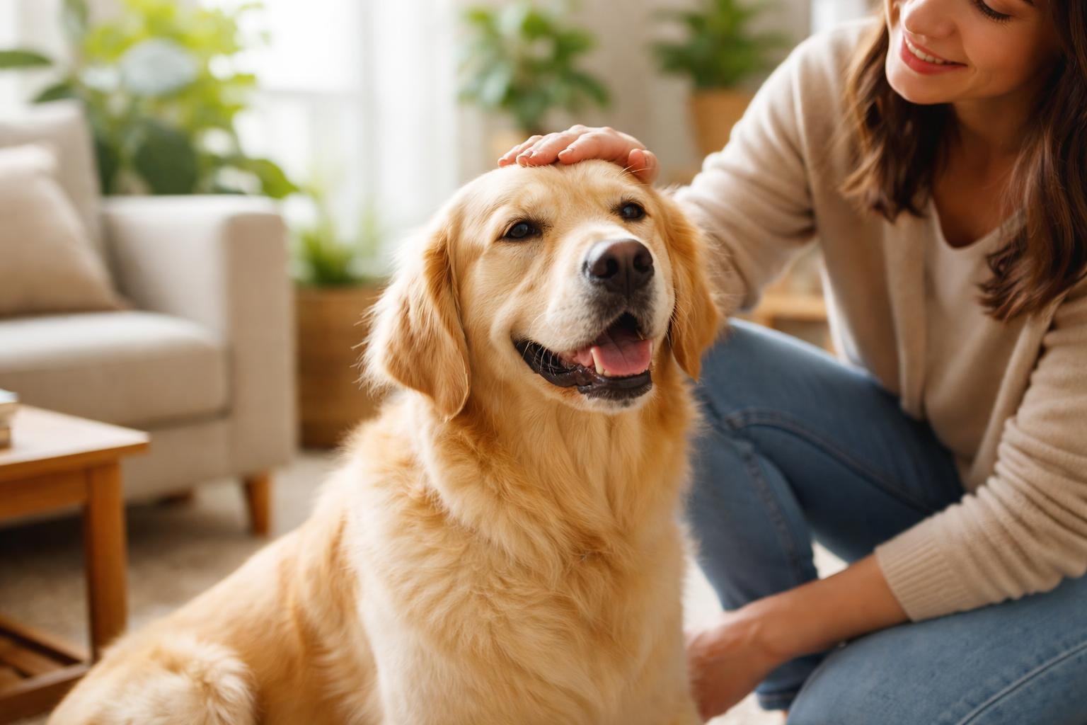 A calm golden retriever sitting peacefully in a bright living room while a person gently pets it.