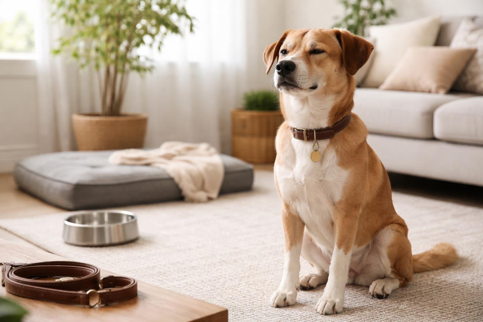 A calm dog sitting peacefully in a bright living room next to a dog bed and water bowl.