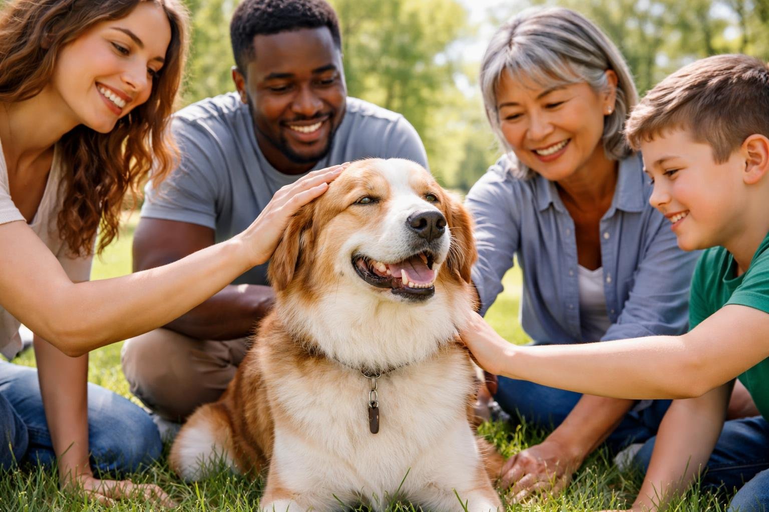 A calm dog sitting on grass surrounded by people gently interacting with it in a sunny park.