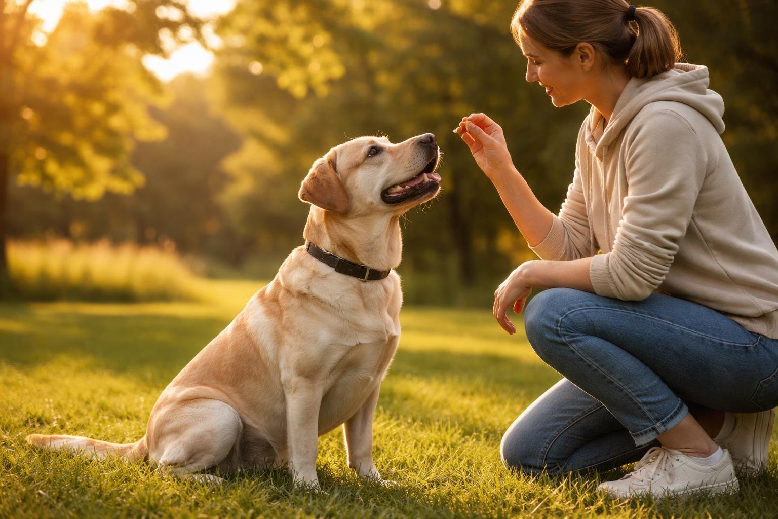 A calm Labrador Retriever sitting on grass looking up at a person offering a treat during outdoor training.