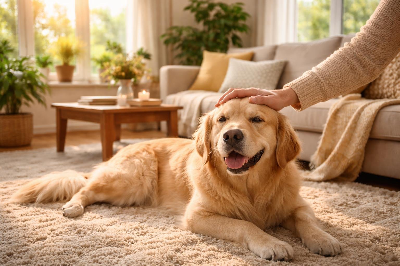A calm dog lying on a rug in a sunlit living room while a person gently pets it.