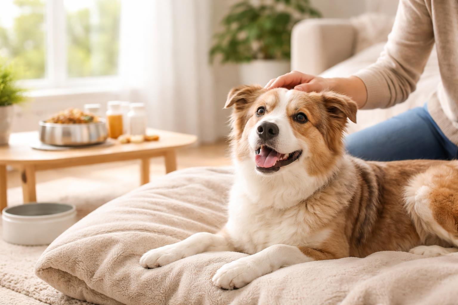 A calm dog lying on a blanket in a bright living room with a person gently petting it and a bowl of dog food nearby.