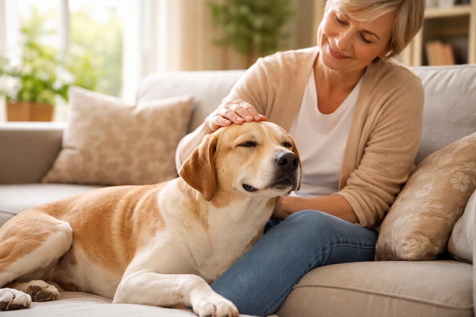A person sitting on a sofa gently petting a calm dog in a bright living room.