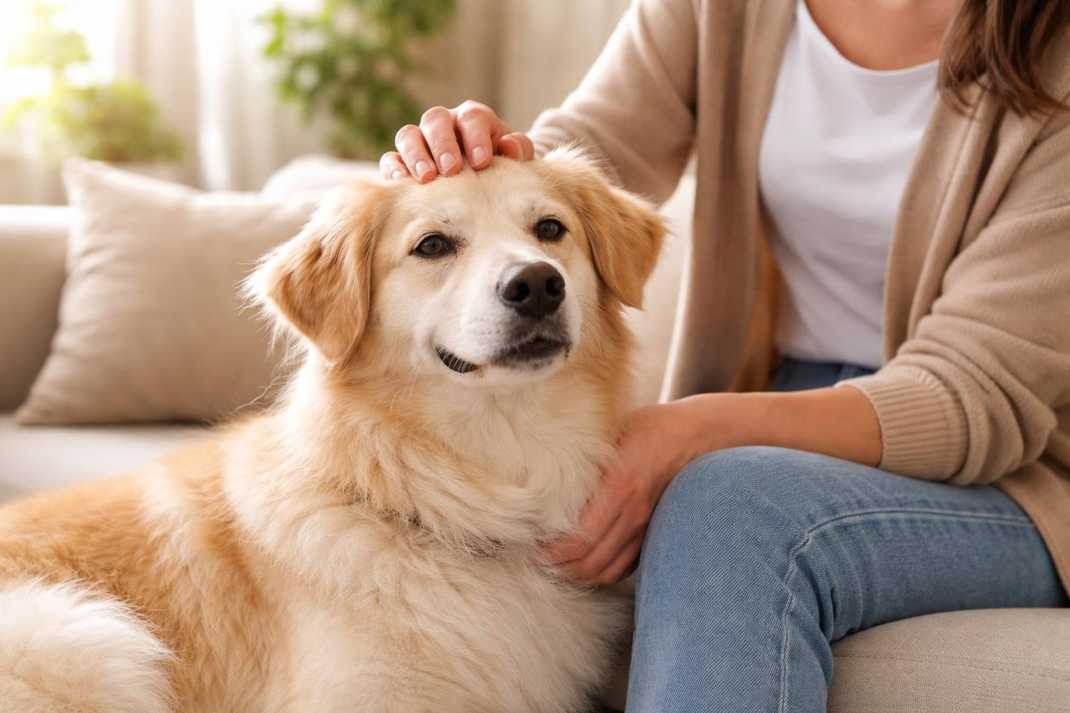 A calm dog sitting next to a person who is gently petting it in a bright, cozy living room.