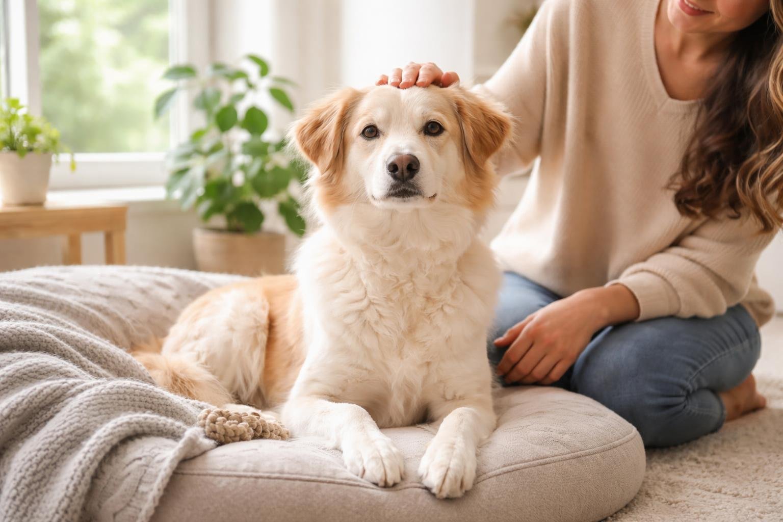 A calm dog sitting peacefully in a bright living room with a person gently petting it.