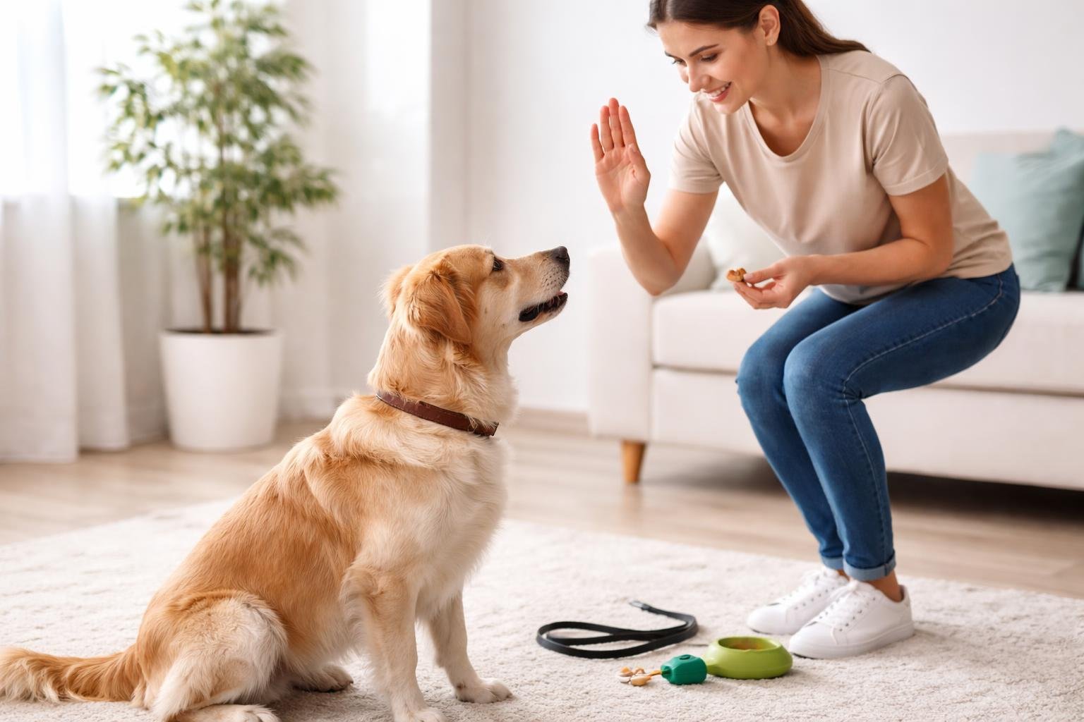A person training a dog indoors using hand signals, with the dog sitting attentively and looking at the trainer.
