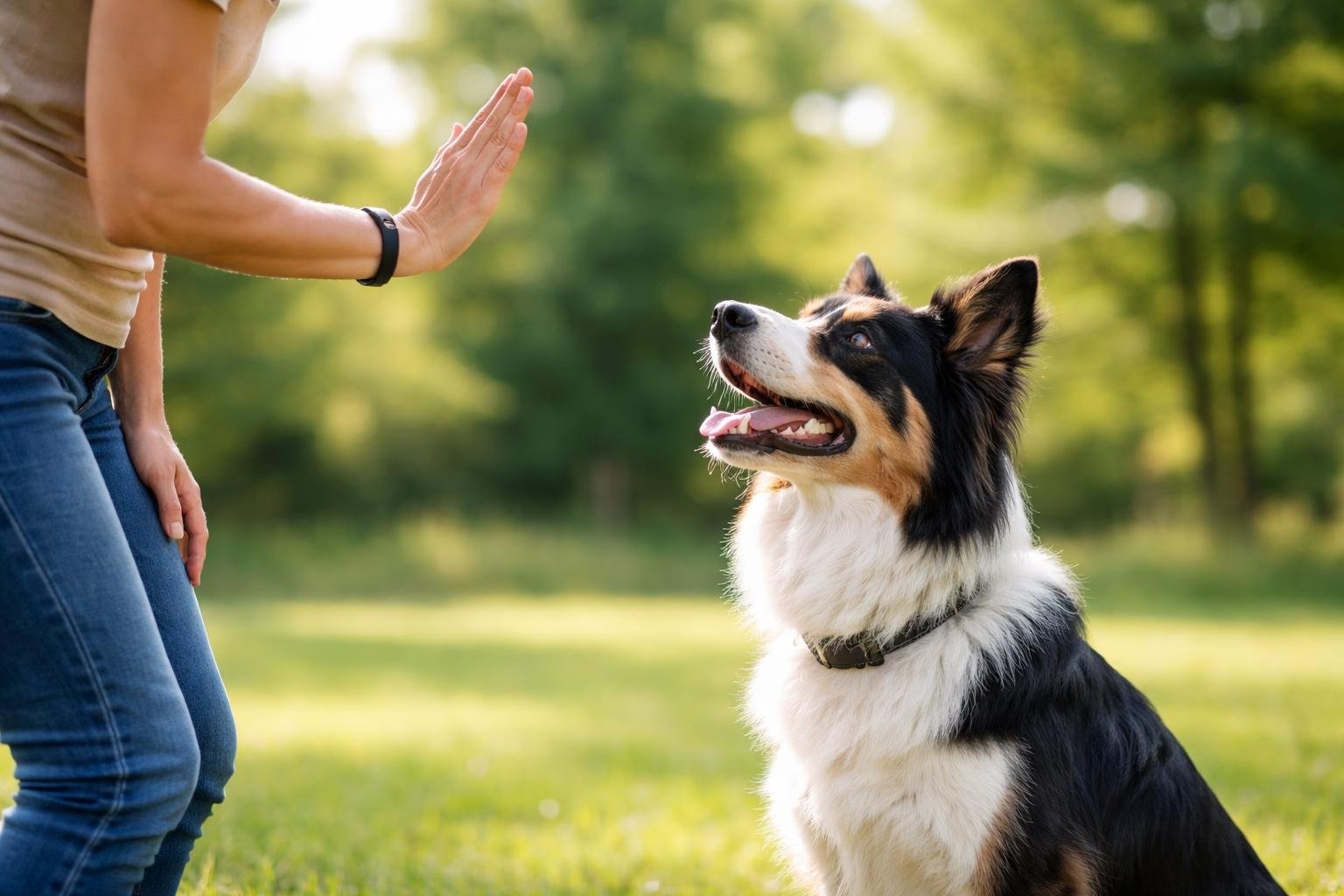 A person training a dog outdoors using hand signals while the dog attentively watches.