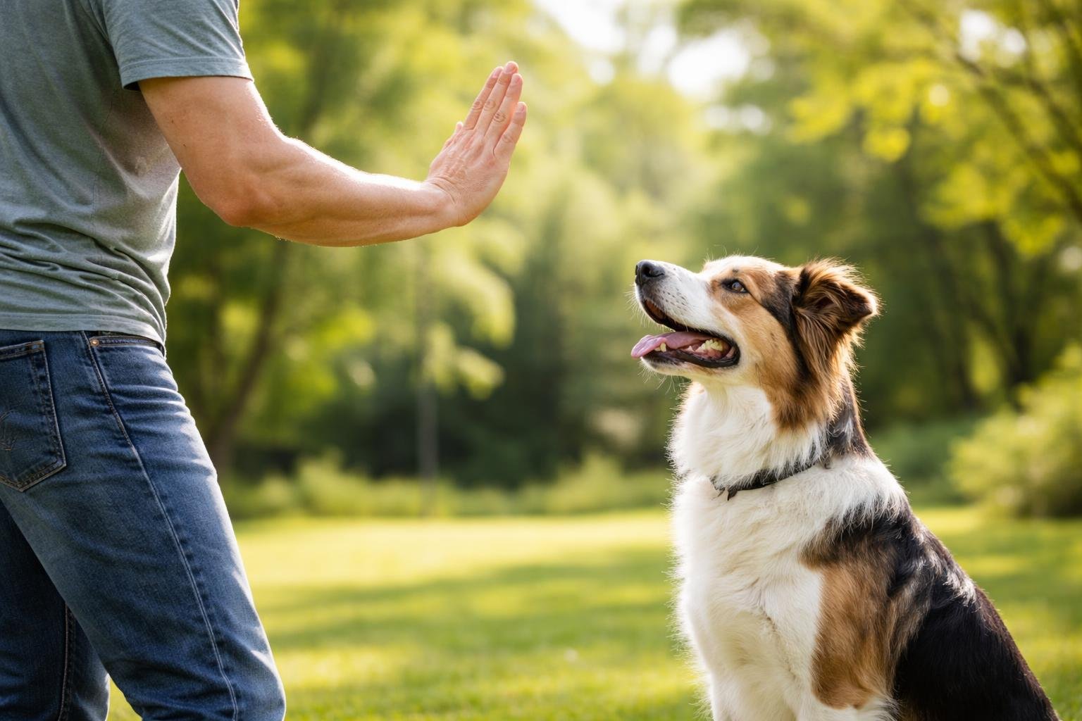 A person outdoors training a dog using hand signals, with the dog attentively watching the owner.